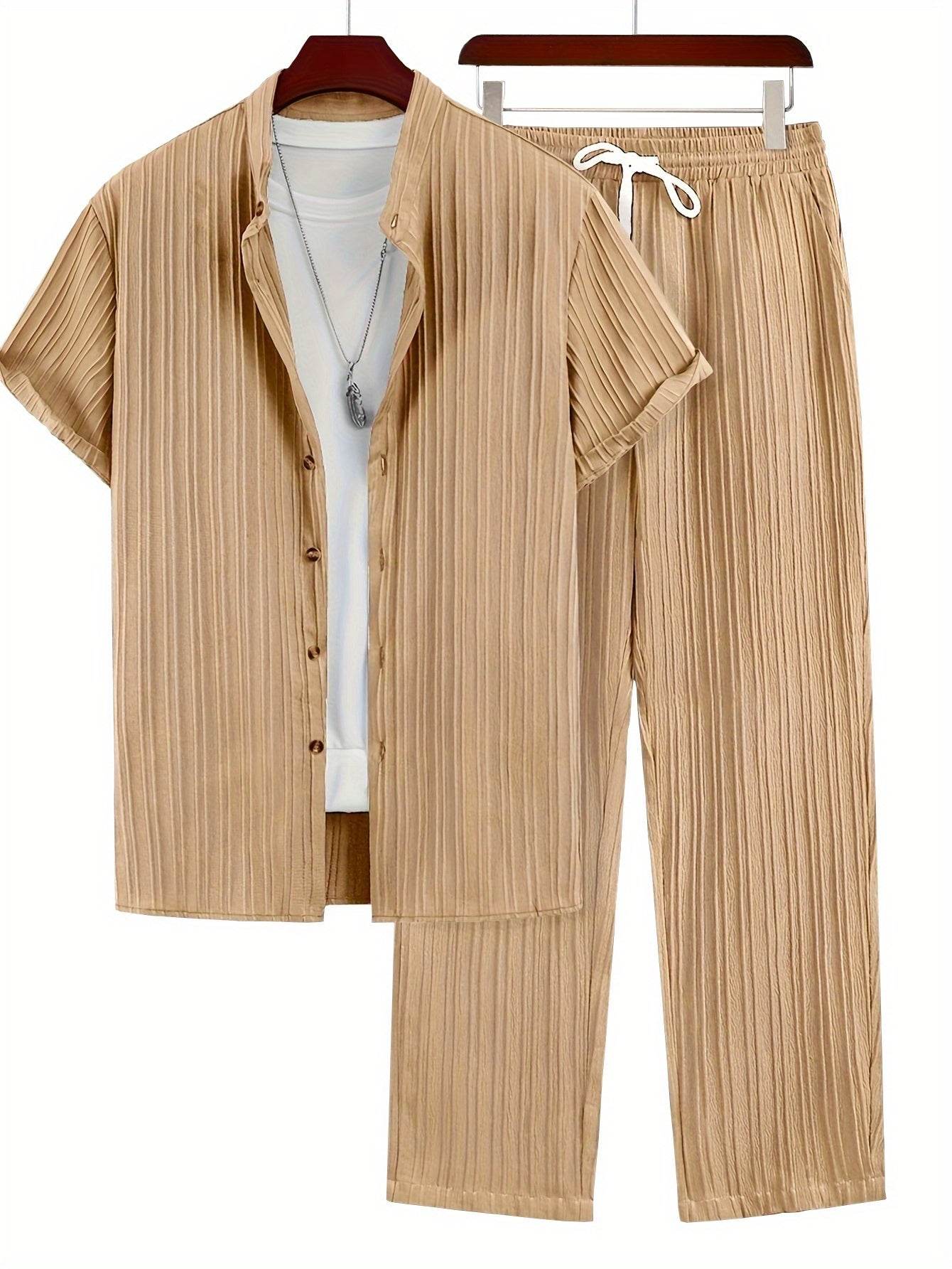 Men's Casual Spring/Summer Textured Stripe Short Sleeve Pants Set - Buy Center US