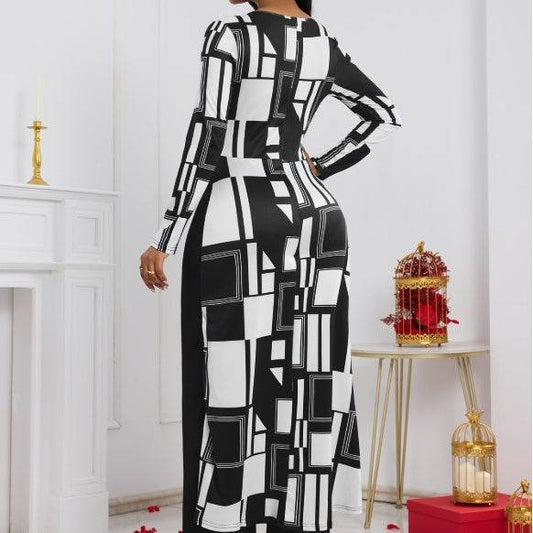 Elegant Geometric Print Jumpsuit - Long Sleeved for Autumn & Winter - Buy Center US