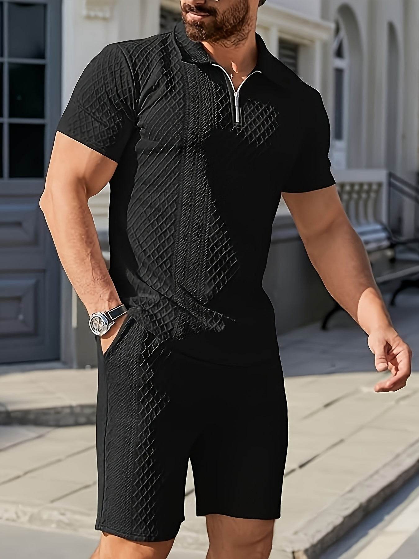 Men's Summer Jacquard Suit - Short Sleeve, Geometric Pattern, Regular Fit - Buy Center US