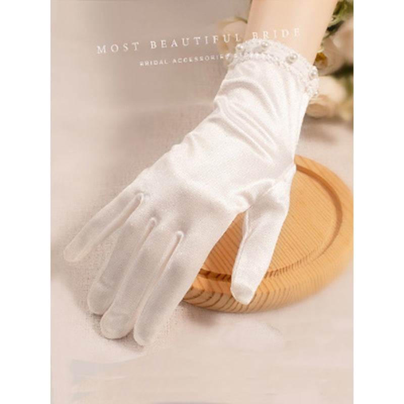White Satin Short Gloves with Lace & Pearl - Elegant Fashion Accessory - Buy Center US