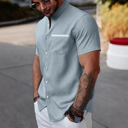 Men's Linen Contrast Color Short Sleeve Shirt - Casual Fit, Multiple Colors - Buy Center US