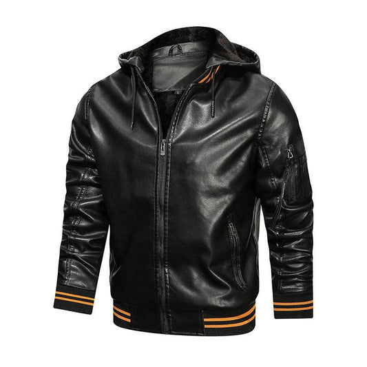 Buycenter Men's Hooded Leather Jacket - Multi-Pocket Casual Style - Buy Center US