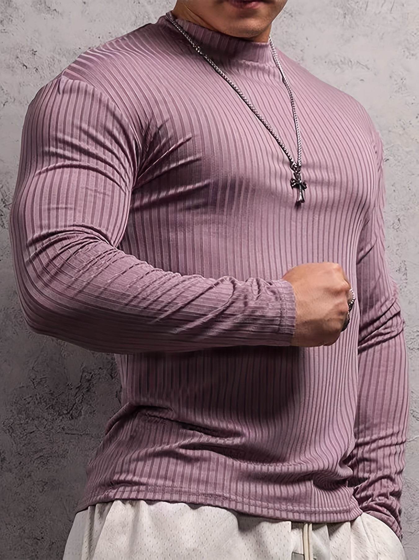 Solid Stripe Knit Turtle Neck T-shirt - Comfy Long Sleeve for Men's Fitness - Buy Center US