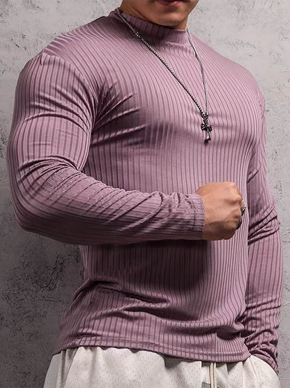 Solid Stripe Knit Turtle Neck T-shirt - Comfy Long Sleeve for Men's Fitness - Buy Center US