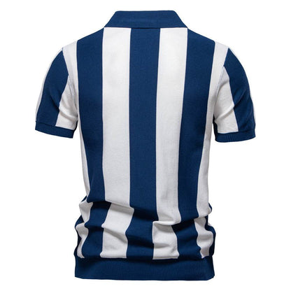 Men’s Short-Sleeved Woolen Polo Shirt - Striped Design in Dark Blue & Khaki - Buy Center US