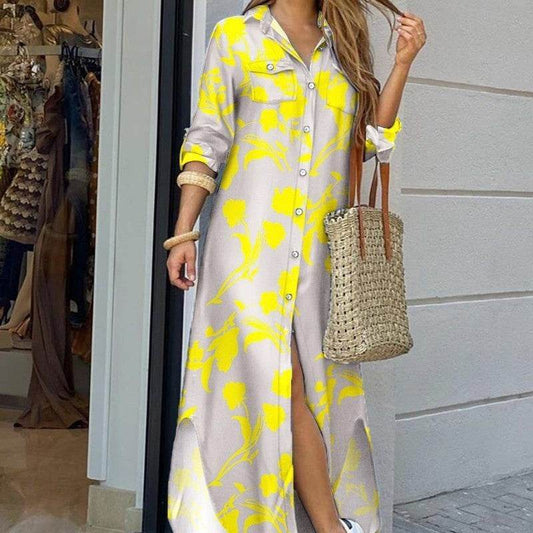 Loose Casual Long Dress for Women - A-Line, Polo Collar Style - Buy Center US