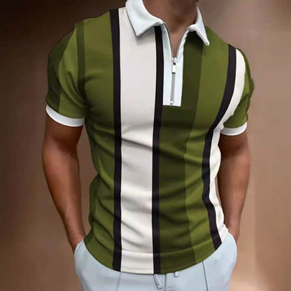 Men's Striped Short-Sleeved Polo Shirt - Slim Fit, Casual Cotton Blend - Buy Center US