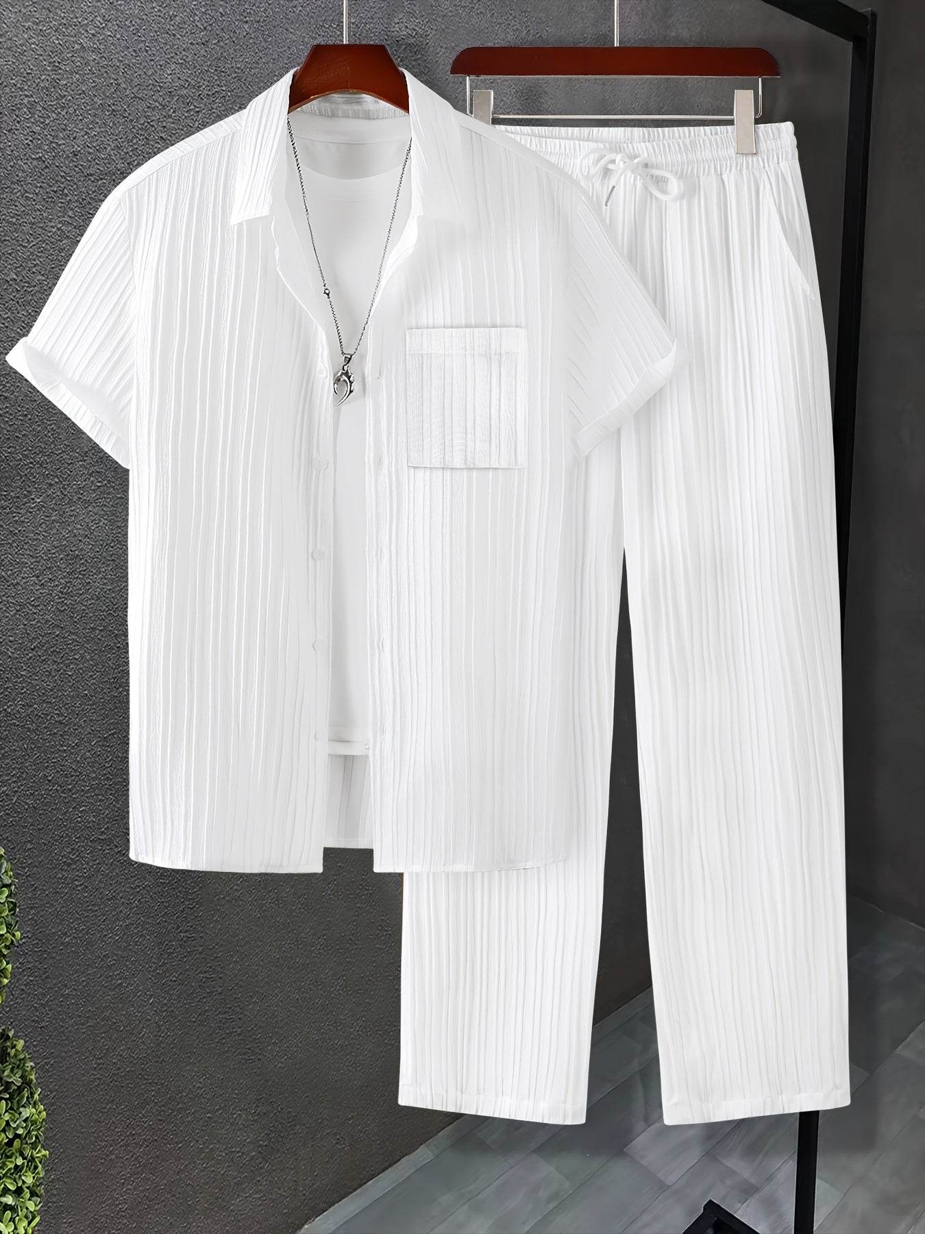 Men's Summer Striped Short Sleeve Shirt & Pants Set - Casual White Look - Buy Center US