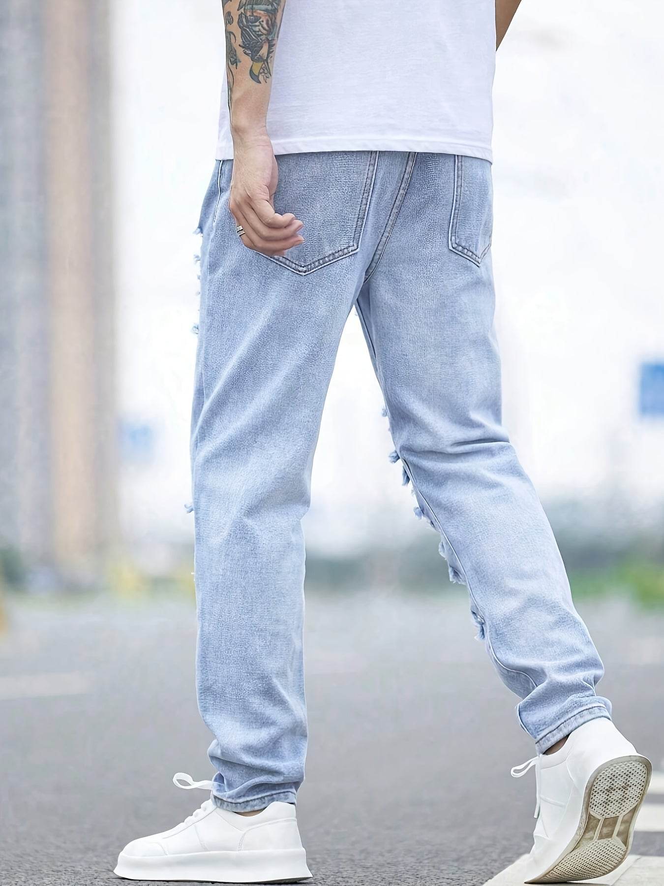 Men's Distressed Denim Jeans - Casual Ripped Light Blue Comfort Fit - Buy Center US
