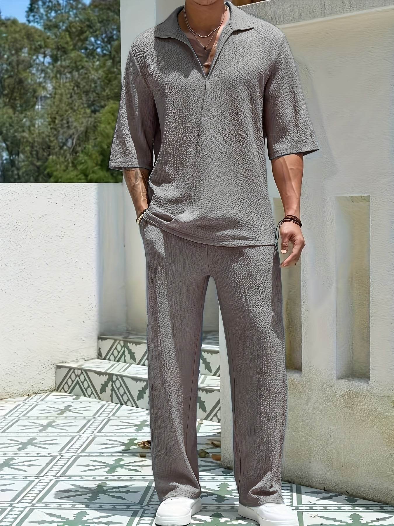 Men's Casual Two-Piece Suit - Short Sleeve Drop Shoulder Summer Style - Buy Center US