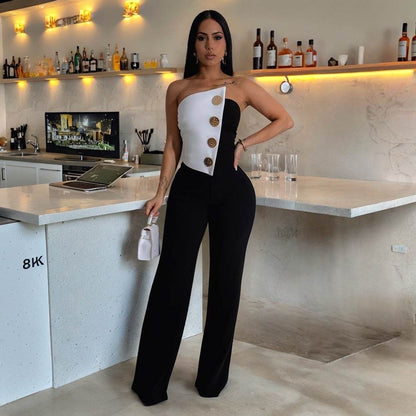 Women's Black and White Button Jumpsuit - Stylish Commuter Outfit - Buy Center US