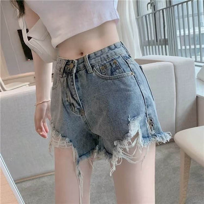 Vintage Denim Shorts - Micro Elastic High Waist with Frayed Design - Buy Center US