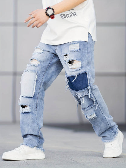 Durable Men's Casual Ripped Jeans - Loose Fit, All-Season Denim Wear - Buy Center US