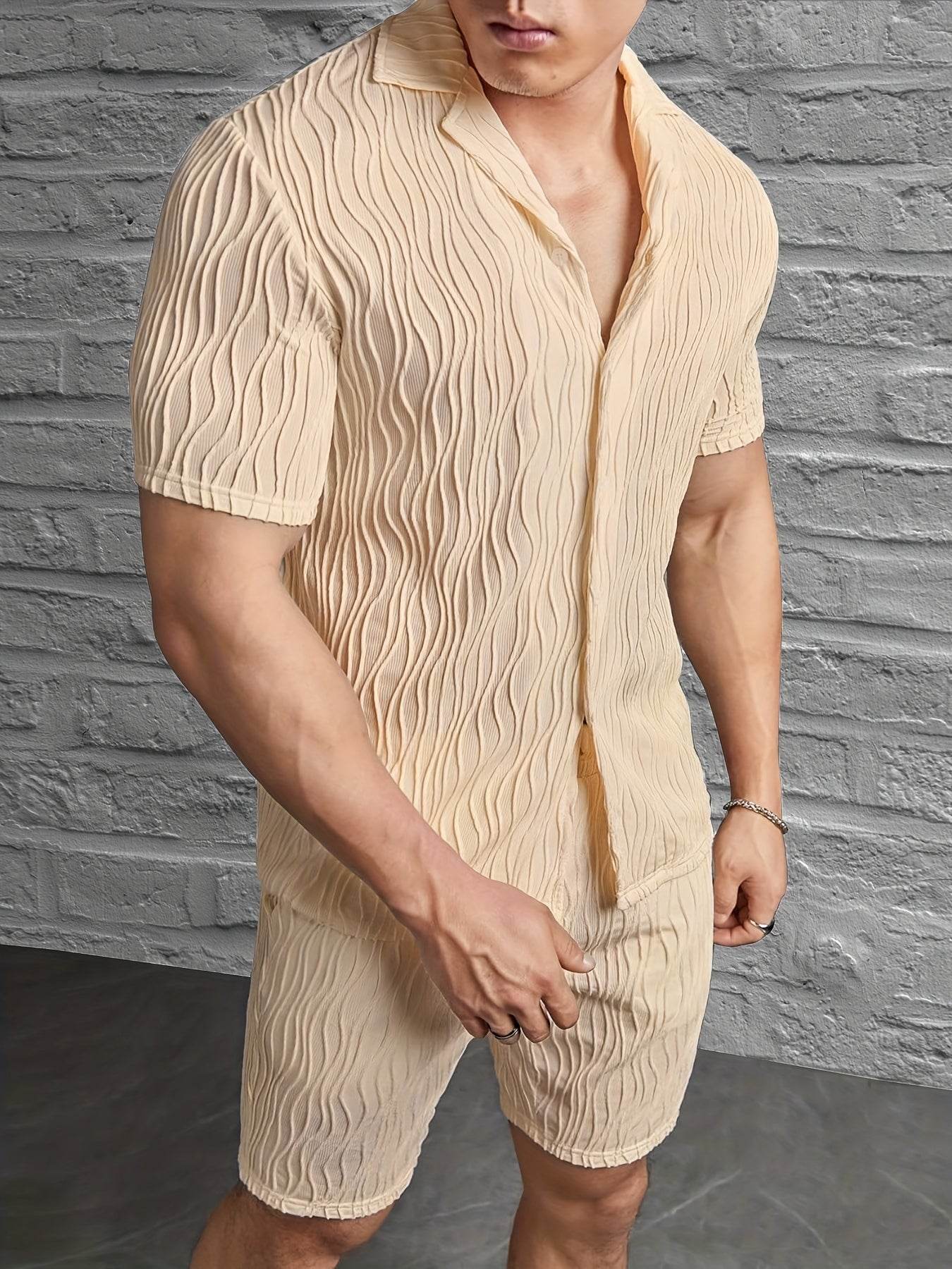 Men's Casual Short Sleeve Knitted Set - Lapel Button, Comfortable Fit - Buy Center US