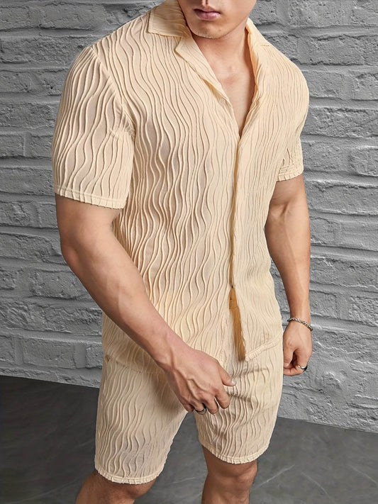 Men's Casual Short Sleeve Knitted Set - Lapel Button, Comfortable Fit - Buy Center US