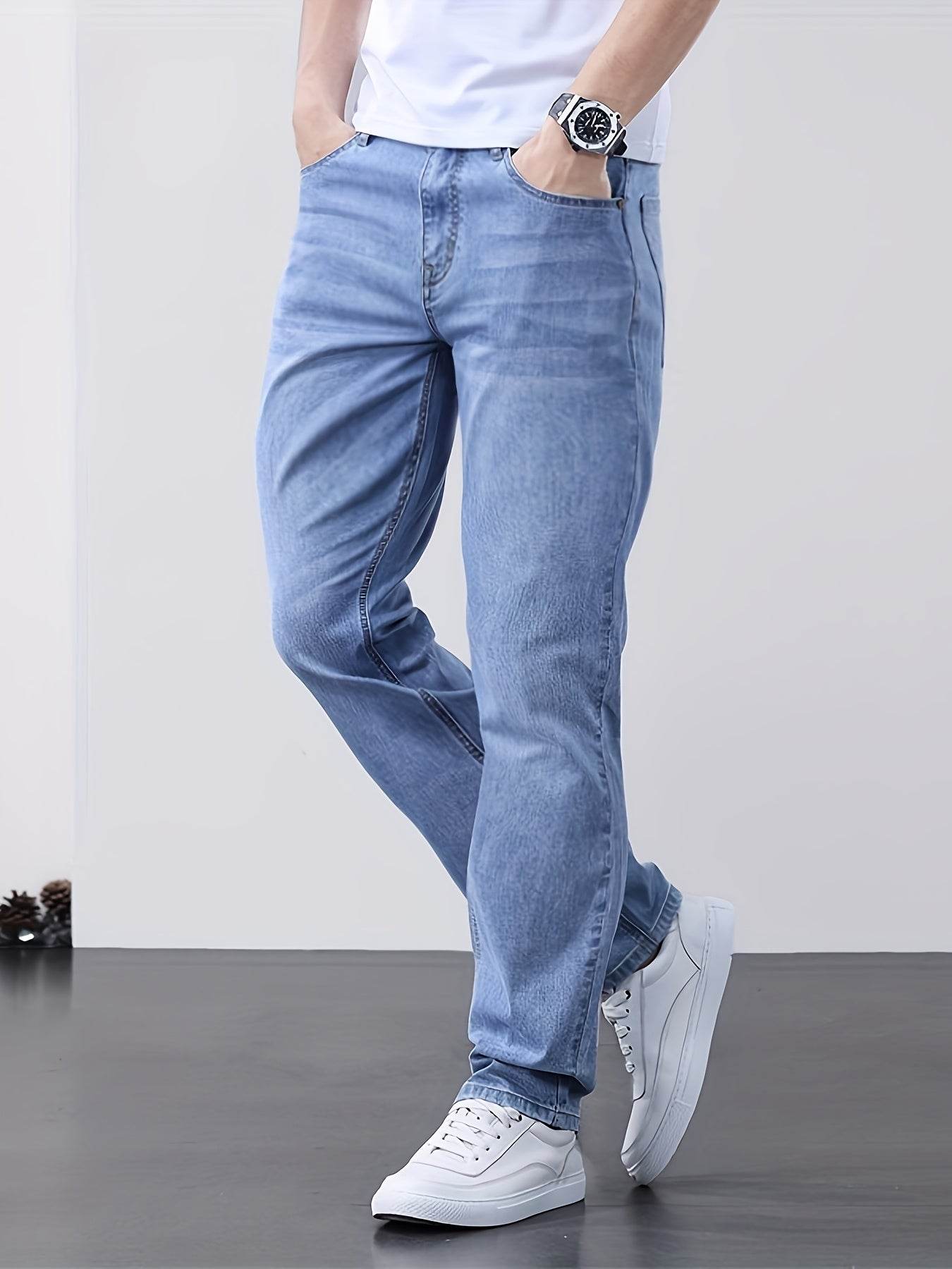 Men's Classic Blue Jeans - Lightweight Stretch Denim, Slim Fit Design - Buy Center US