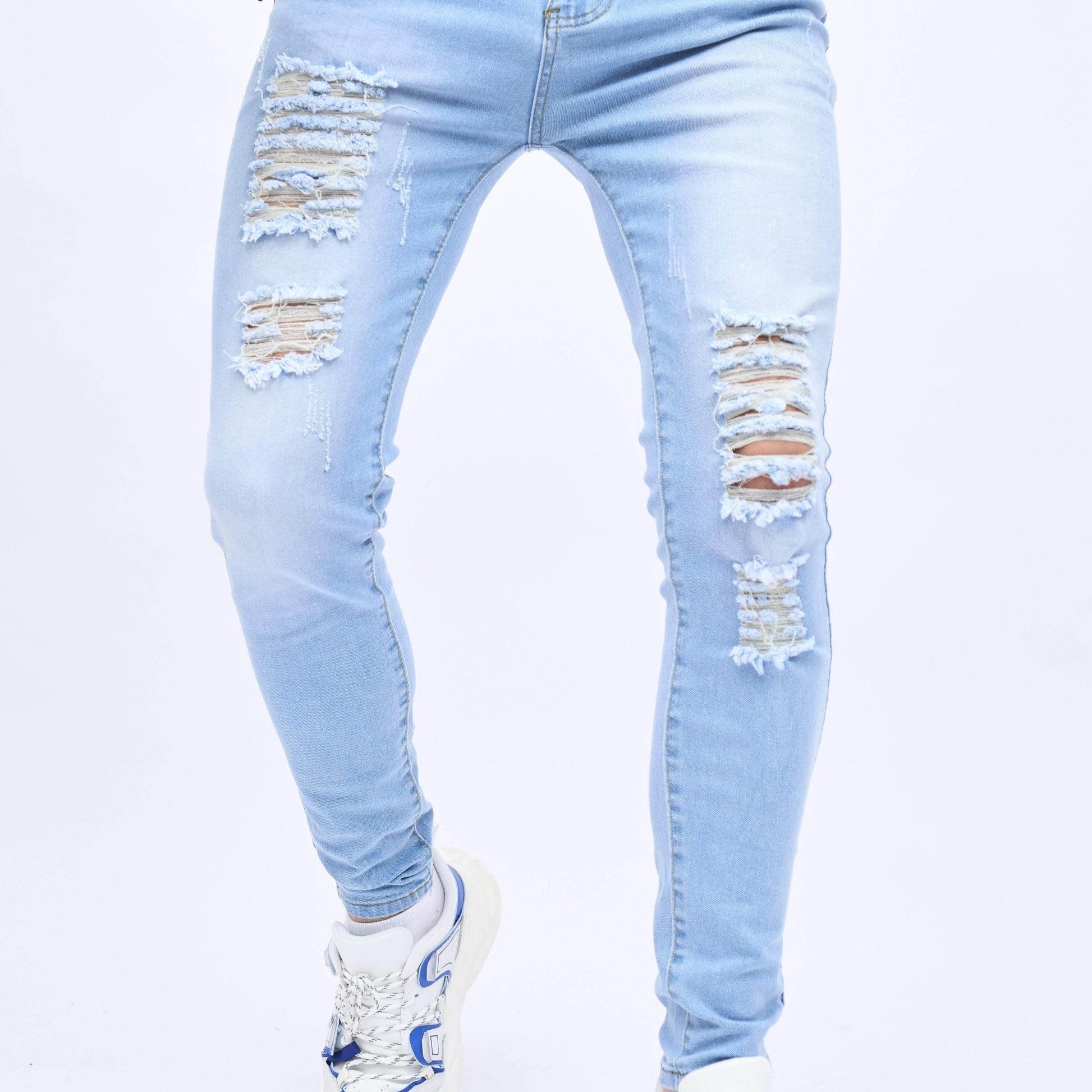 2023 Retro Distressed Knee Ripped Jeans - Light Blue Cotton Slim Fit - Buy Center US