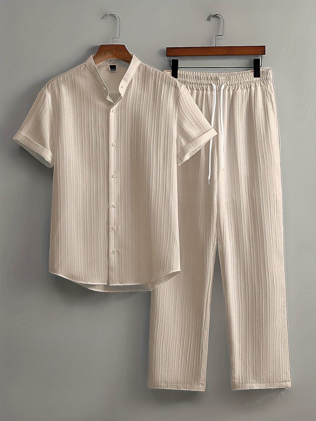 Men's Summer Striped Suit Set - Short Sleeve Shirt & Drawstring Pants - Buy Center US