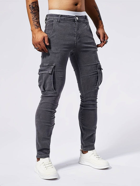 Men's Slim-Fit Denim Cargo Pants - Stretch, Multi-Pocket, Trendy Style - Buy Center US