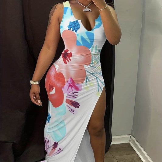 Ladies' V-Neck Floral Print Long Skirt - Thigh Slit & Figure-Hugging Fit - Buy Center US