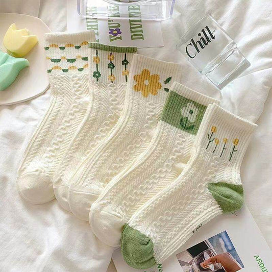 Cute Women's Summer Mid-Calf Socks - Flower & Stripe Patterns, 5 Pairs - Buy Center US