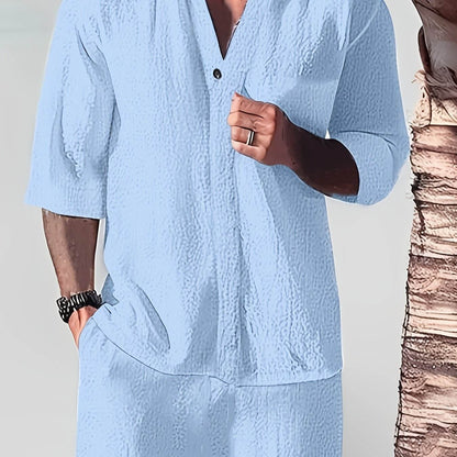 Men's Casual Summer Shirt - Solid Color, Loose Fit with Button Detail - Buy Center US