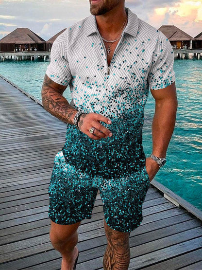 Men's Summer 3D Printed Geometric Shirt Set - Stylish Zip Lapel Design - Buy Center US