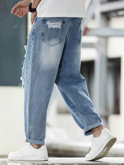 American Style Ripped Vintage Washed Jeans - Loose Fit Casual Comfort - Buy Center US