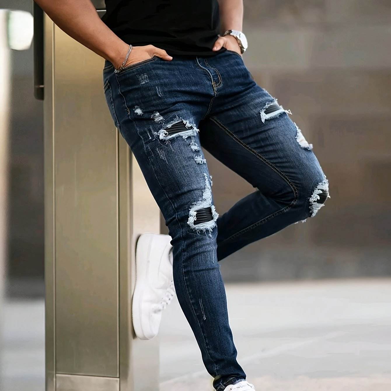 Men's Slim Fit Ripped Jeans - Stretch Denim Casual Streetwear, Blue - Buy Center US