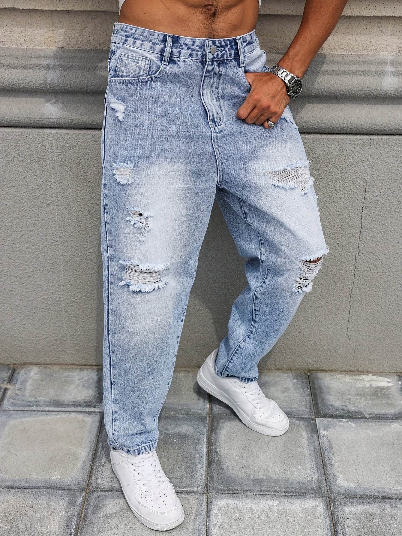 Men's Distressed Blue Denim Harem Pants - Loose Fit, Casual All-Season Wear - Buy Center US