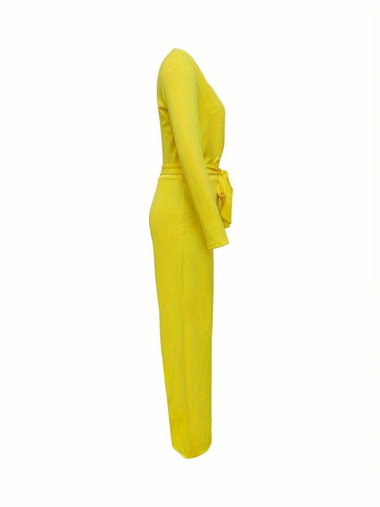 Yellow Women's Long Sleeve Jumpsuit - Casual Lightweight Fit for Spring - Buy Center US