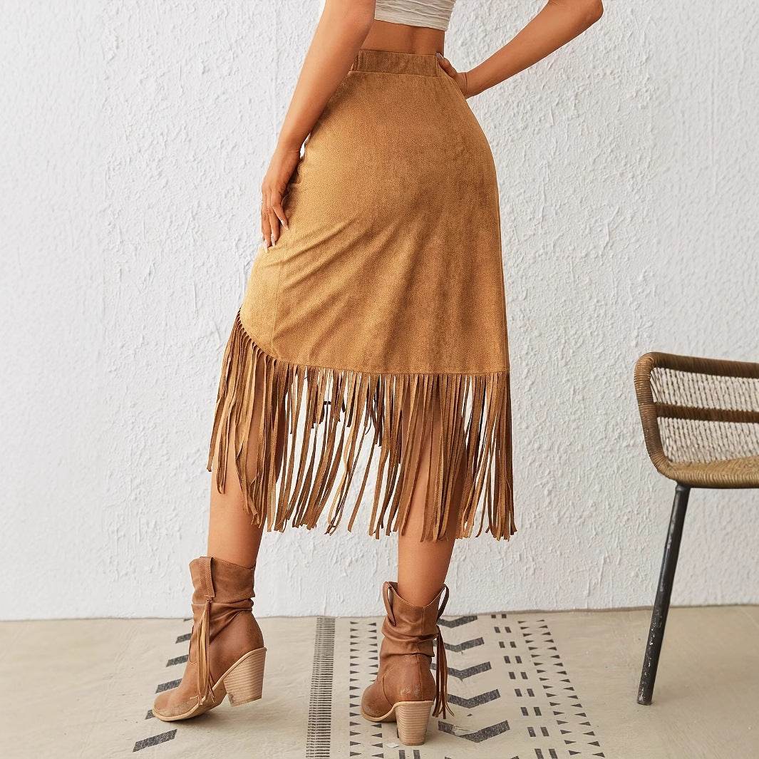 Women's Western Style Fringe A-Line Skirt - High Waisted, Casual Chic - Buy Center US