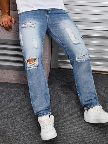 Men's Light Blue Ripped Jeans - Casual Straight Leg Distressed Denim - Buy Center US