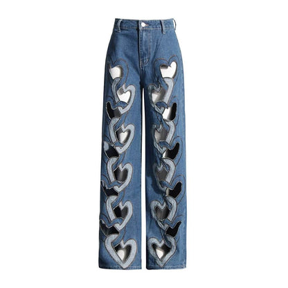 High Waist Hollow Heart Shape Wide Leg Jeans - Stylish Denim Trousers - Buy Center US
