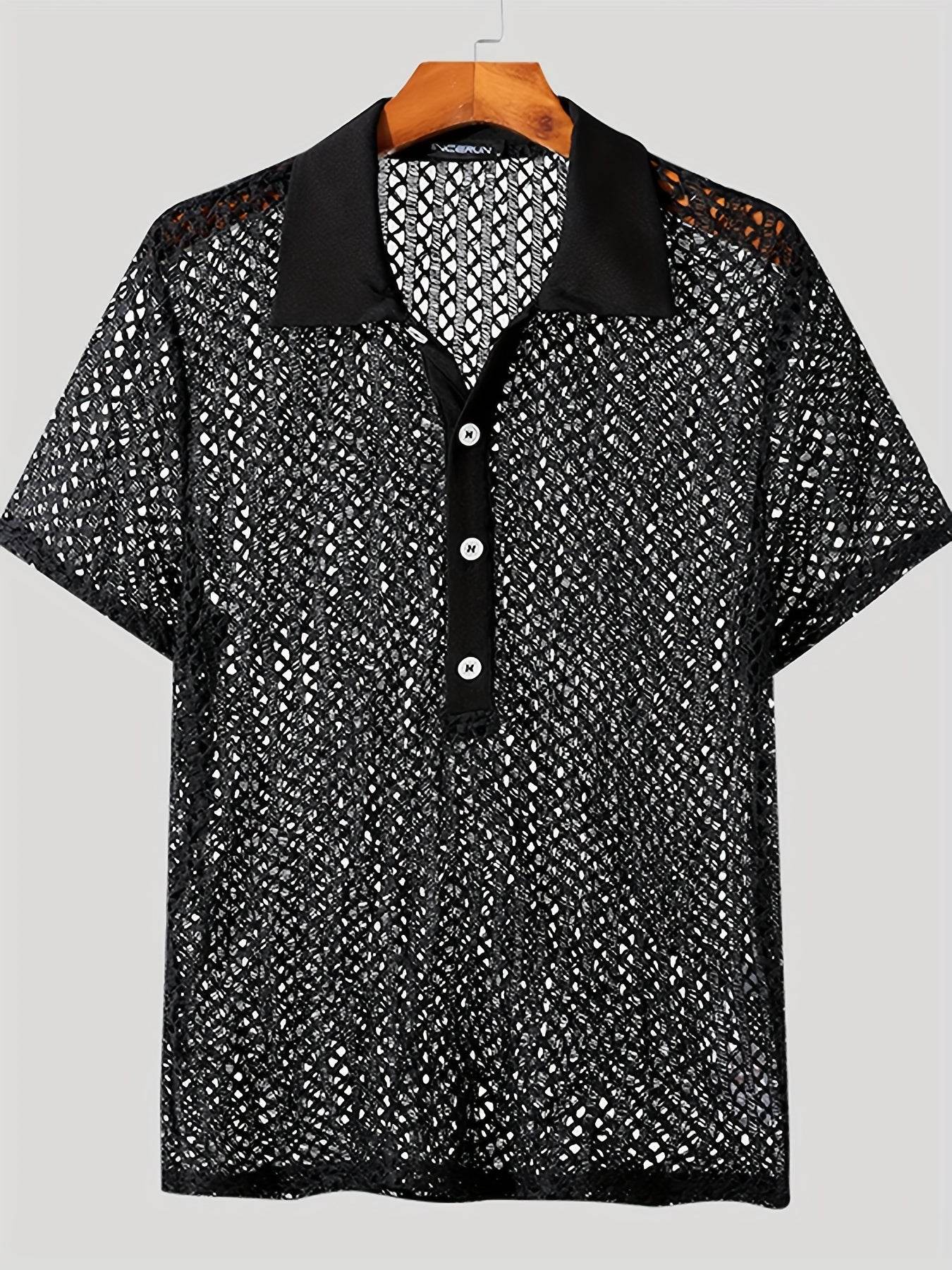 INCERUN Men's Bright Orange Mesh Shirt - Sheer Short Sleeve Collared Top - Buy Center US