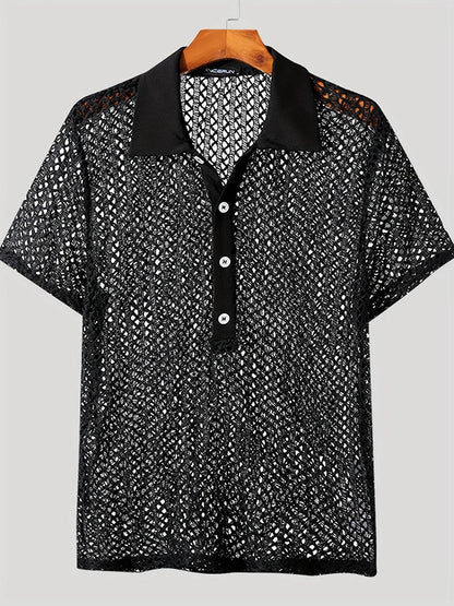 INCERUN Men's Bright Orange Mesh Shirt - Sheer Short Sleeve Collared Top - Buy Center US