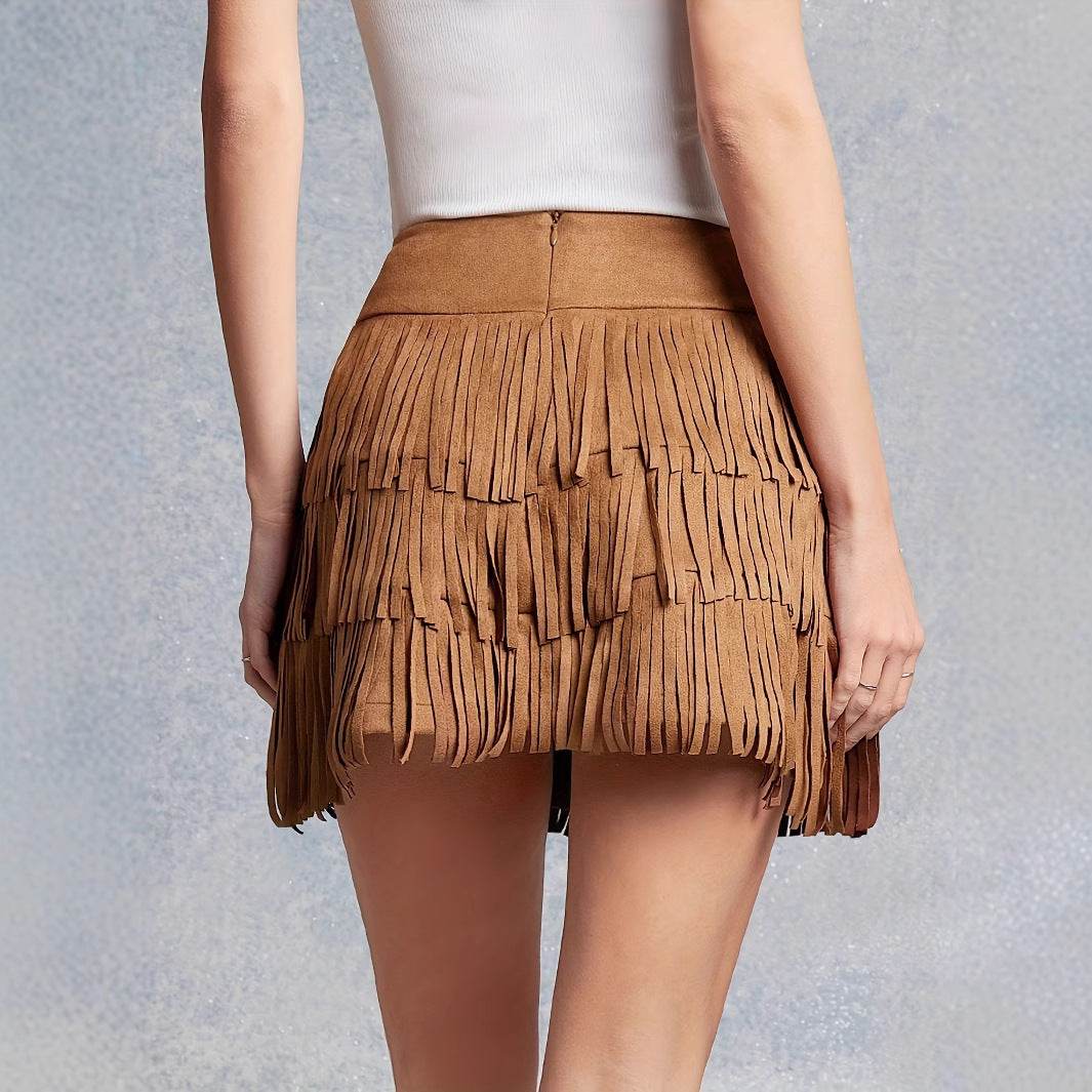 Women's High Waisted Tassel Short Skirt - Solid Color, Suede Look - Buy Center US