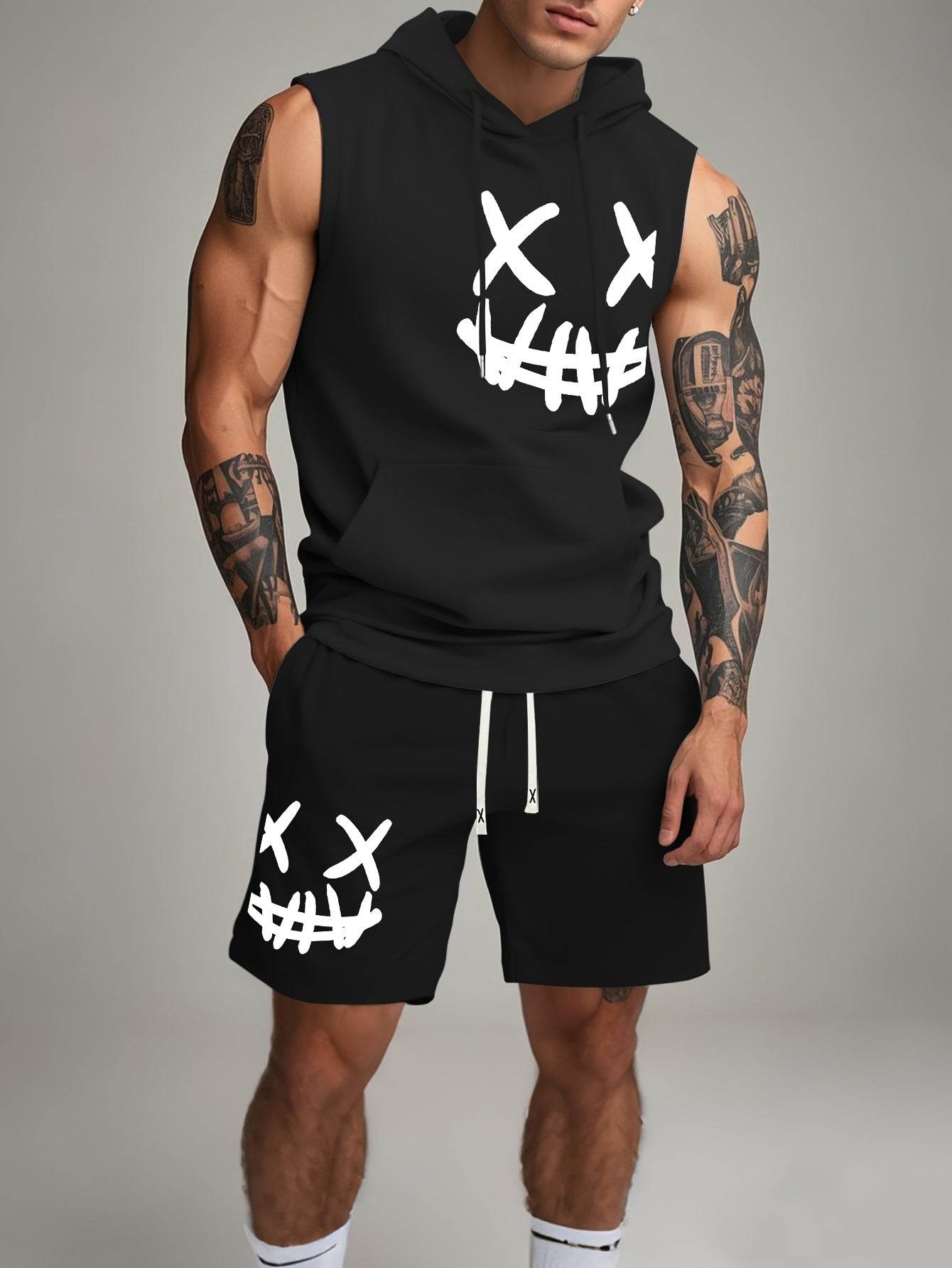 Men's Casual Hooded Tank Top & Shorts Set - Skull Print Summer Sportswear - Buy Center US