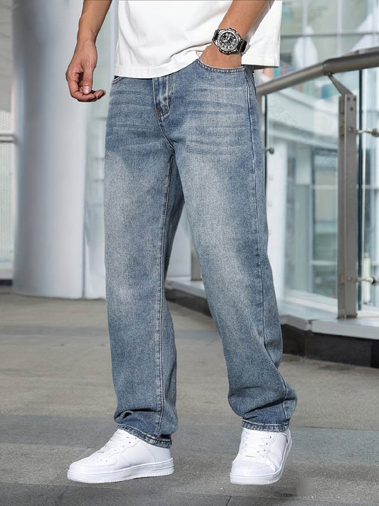 Men’s Light Blue Stretch Denim Jeans - All-Season Casual Regular Fit - Buy Center US