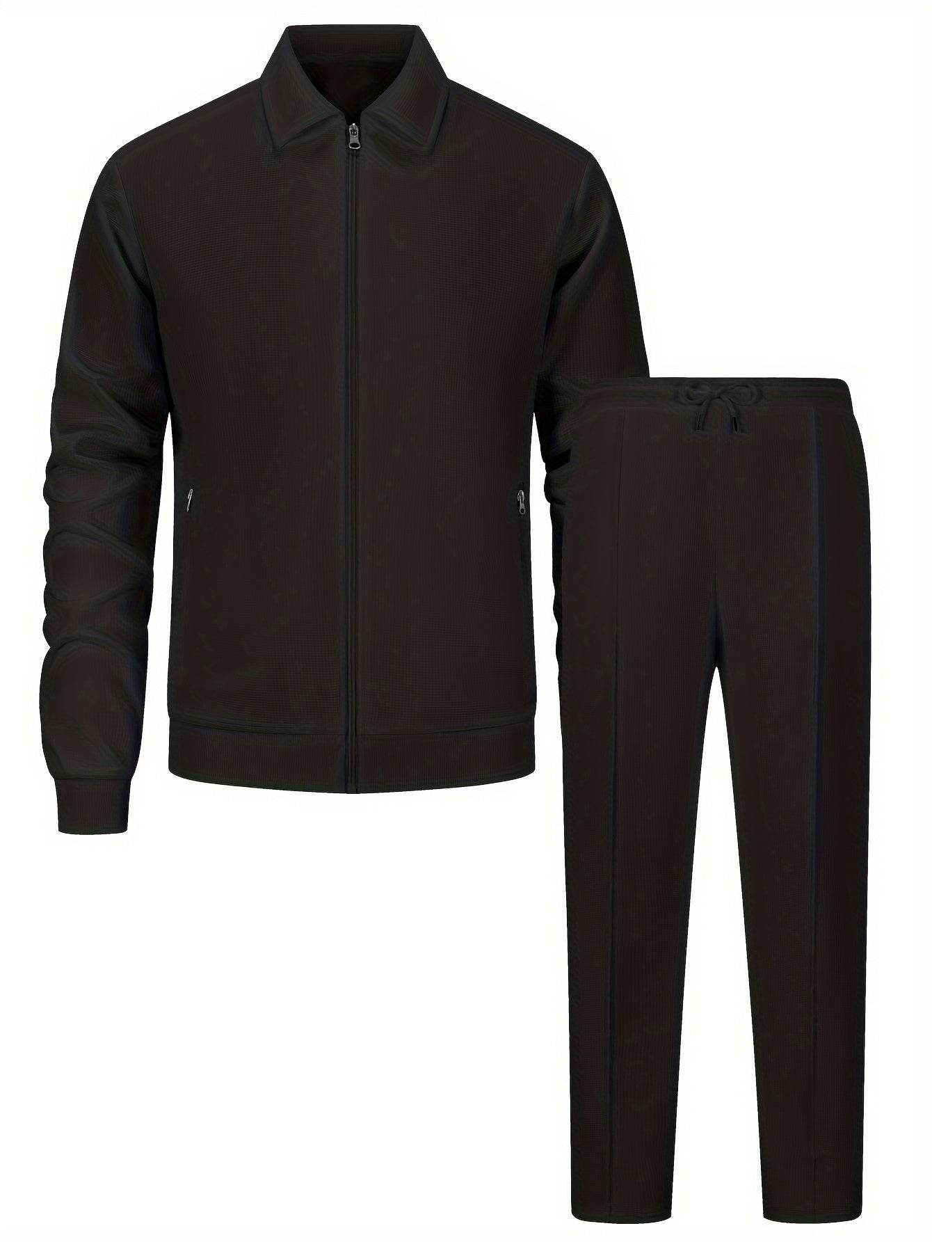 Men's Solid Color Knitted Tracksuit Set - Long Sleeve Jacket & Pants - Buy Center US