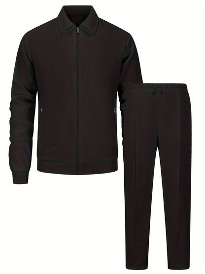 Men's Solid Color Knitted Tracksuit Set - Long Sleeve Jacket & Pants - Buy Center US