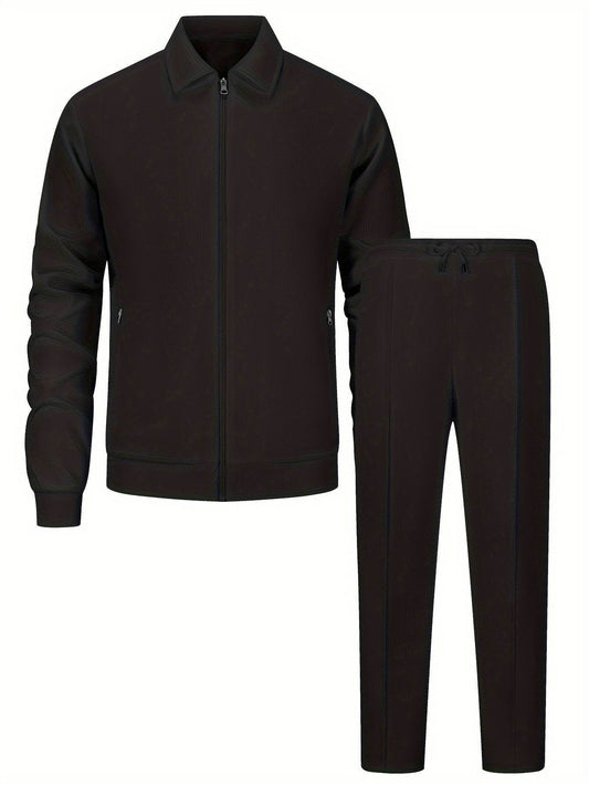 Men's Solid Color Knitted Tracksuit Set - Long Sleeve Jacket & Pants - Buy Center US