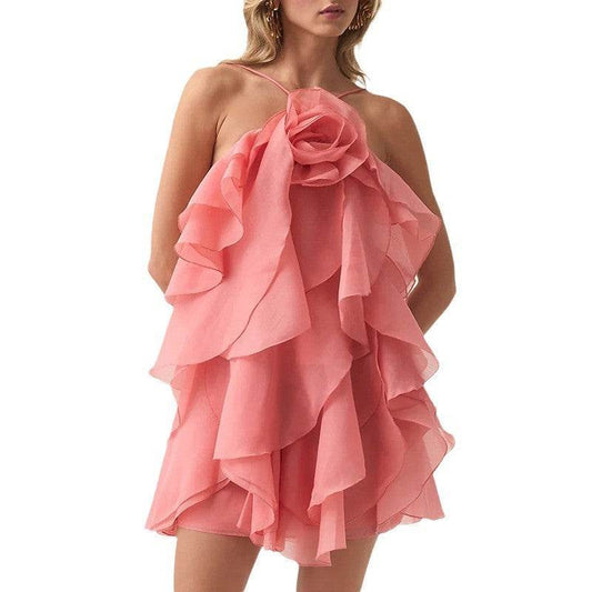 Halter Flower Design Lace-Up Dress - Asymmetric Skirt in Orange, Rose, Pink - Buy Center US