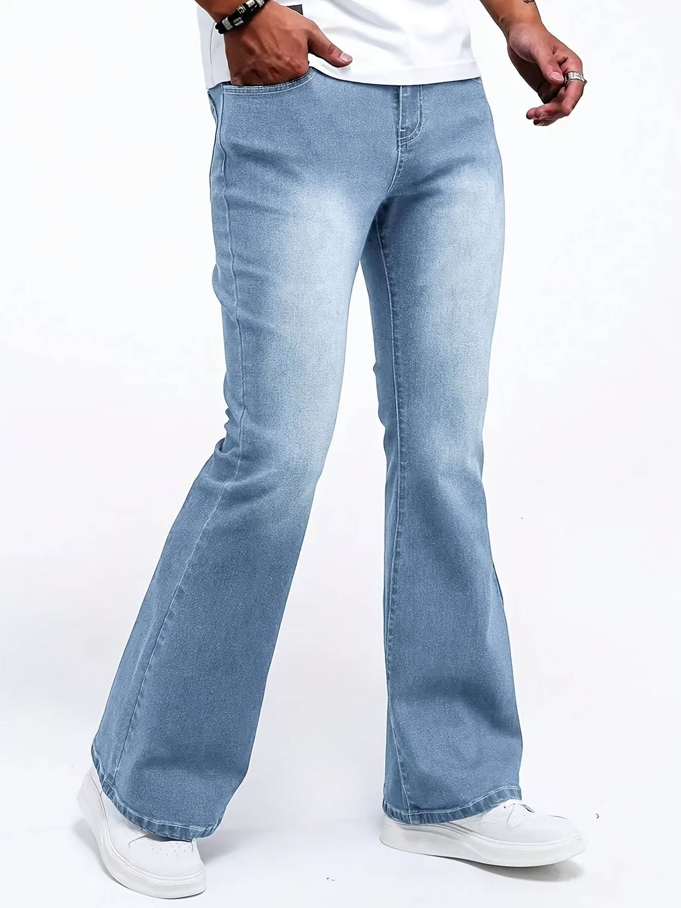 Men's Stretch Denim Flare Jeans - Casual Mid-Rise Comfort Fit Blue - Buy Center US