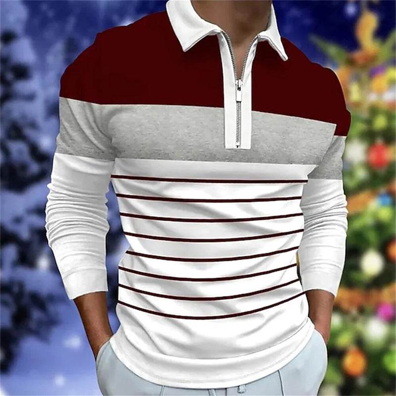 Men's Long Sleeve Color Matching Polo Shirt with Zipper - Casual Fashion - Buy Center US