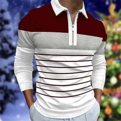 Men's Long Sleeve Color Matching Polo Shirt with Zipper - Casual Fashion - Buy Center US