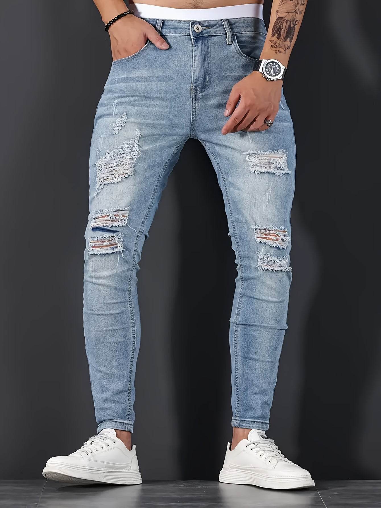 Men’s Distressed Skinny Jeans - Light Blue Ripped Denim, Medium Stretch - Buy Center US