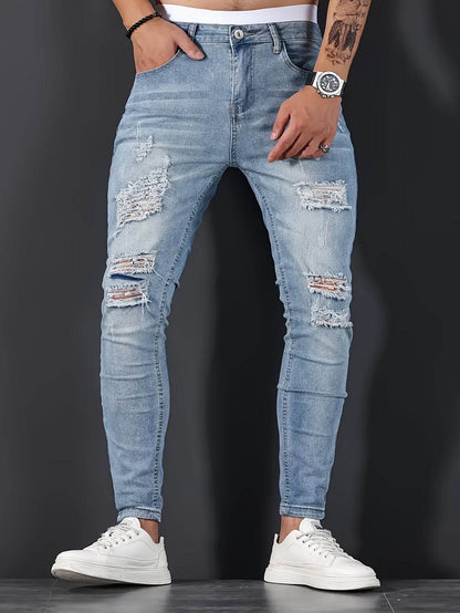 Men’s Distressed Skinny Jeans - Light Blue Ripped Denim, Medium Stretch - Buy Center US