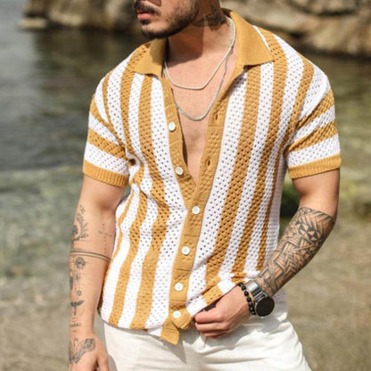 Men's Casual Loose Striped Polo Shirt – Short Sleeve, Ice Silk Fabric - Buy Center US