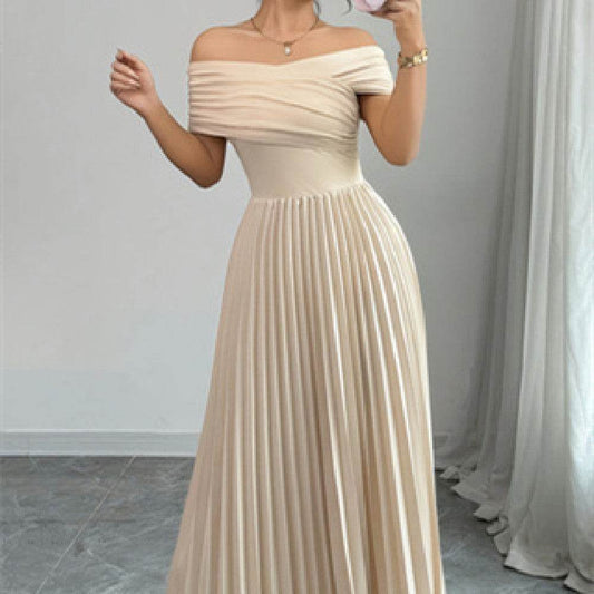 Women's Elegant A-Line Dress - Pleated French Style in Apricot - Buy Center US